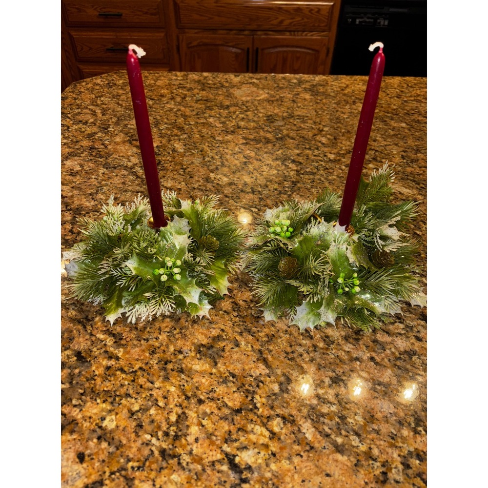 Vintage Christmas Plastic Greens Candle Holders Gold Tone Metal Base Set of 2